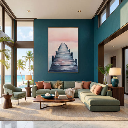 Pink Sky Wooden Pier Coastal wall art in a bright coastal-style room – wooden pier with dark posts stretching