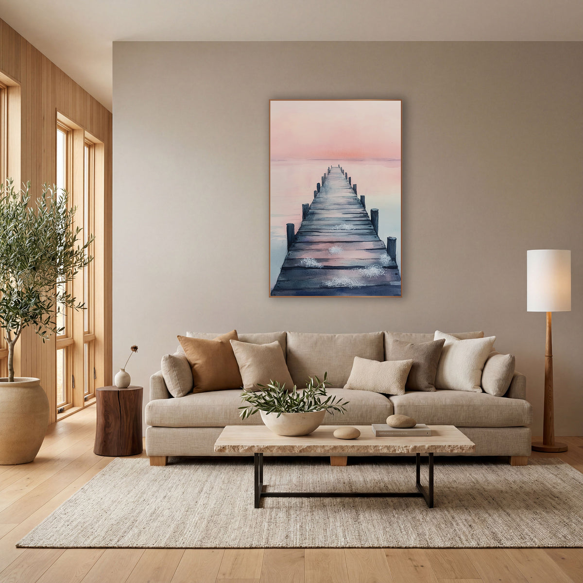 Pink Sky Wooden Pier Coastal wall art in a bright coastal-style room – wooden pier with dark posts stretching