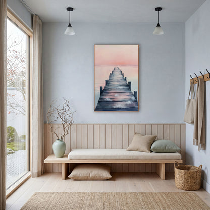Pink Sky Wooden Pier Coastal wall art in a bright coastal-style room – wooden pier with dark posts stretching