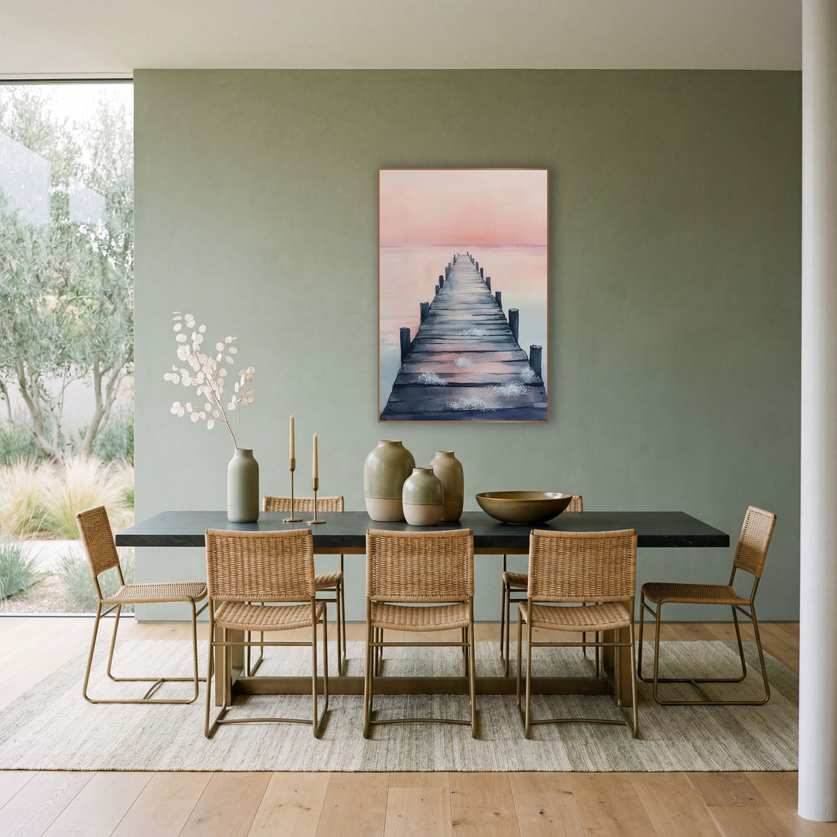 Pink Sky Wooden Pier Coastal wall art in a bright coastal-style room – wooden pier with dark posts stretching