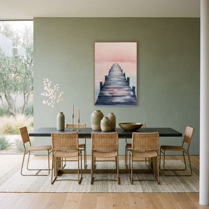 Pink Sky Wooden Pier Coastal wall art in a bright coastal-style room – wooden pier with dark posts stretching