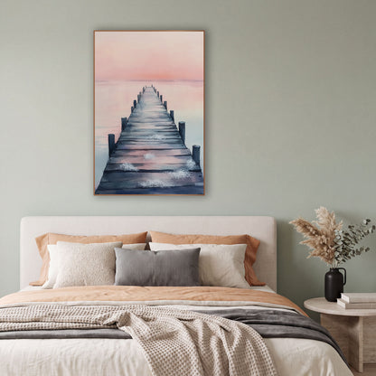 Pink Sky Wooden Pier Coastal wall art in a bright coastal-style room – wooden pier with dark posts stretching