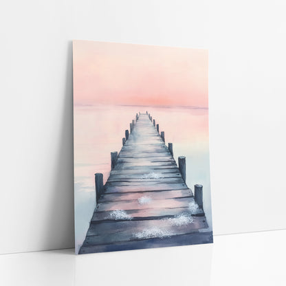 Pink Sky Wooden Pier Coastal art print leaning against a white wall – wooden pier with dark posts stretching over calm water